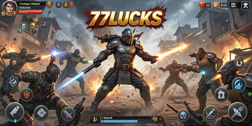 Gameplay mendebarkan dalam 77LUCKS saat melawan musuh.