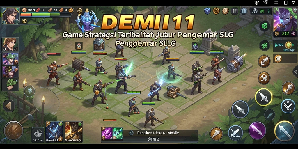 Screenshot gameplay <strong>DEMI11</strong> menampilkan pertempuran dan pembangunan yang intens.