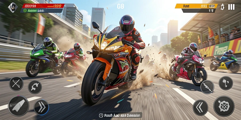 Screenshot ID098 menampilkan aksi balapan motor yang mendebarkan.