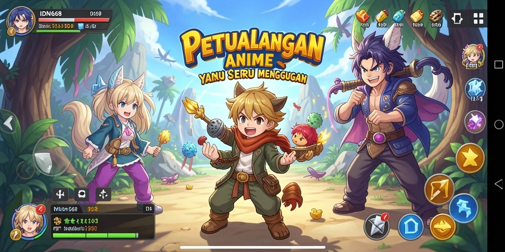 Screenshot gameplay IDN668 menampilkan karakter anime beraksi dalam pertempuran.