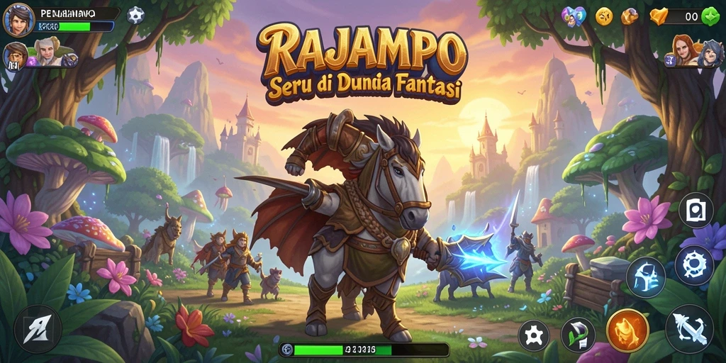 Tangkapan layar gameplay RAJAMPO menampilkan aksi penuh warna dan karakter menarik.