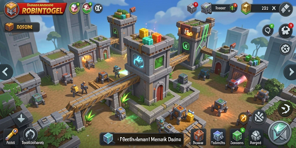 Tampilan gameplay ROBINTOGEL dengan menara pertahanan yang aktif.