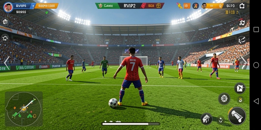 Screenshot gameplay RVIP2 menampilkan pertandingan sepak bola yang mendebarkan.