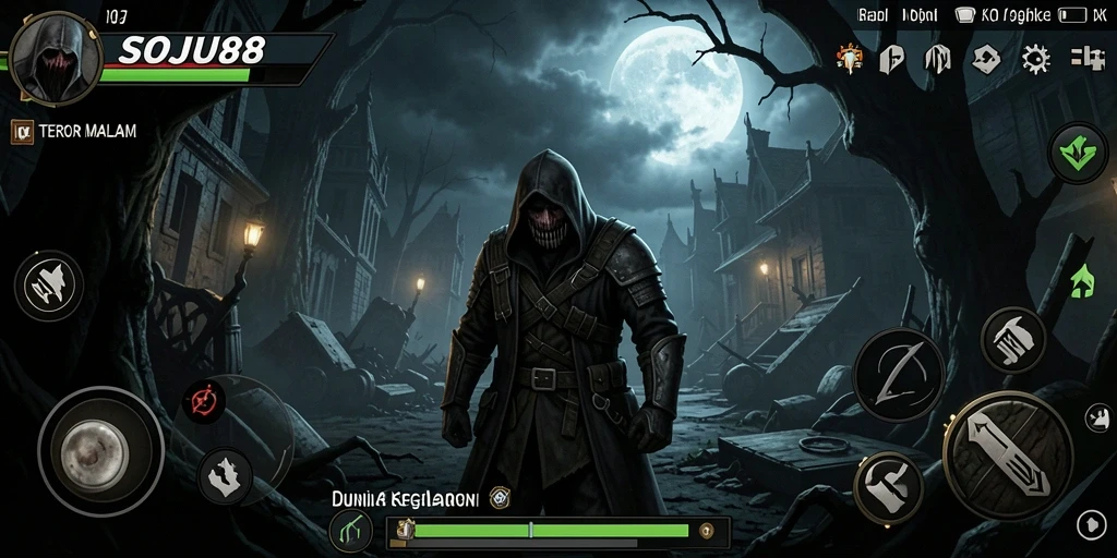 Screenshot menampilkan gameplay menakutkan dari SOJU88 dengan makhluk menyeramkan.